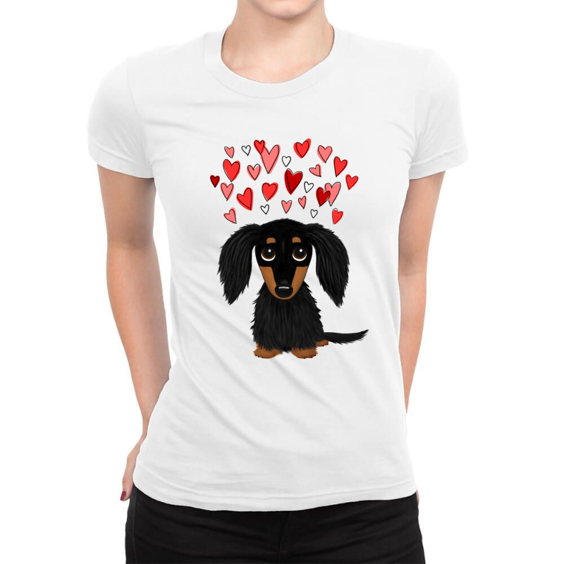 Black And Tan Longhaired Dachshund With Hearts For Boyfriend Ladies Fitted T-Shirt by MarlonTaylor | Artistshot