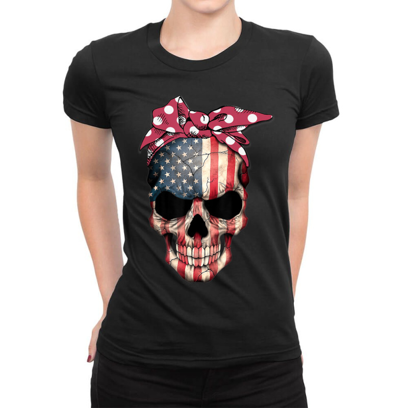 American Flag Skull Headband Patriotic 4th Of July Ladies Fitted T-Shirt by cm-arts | Artistshot