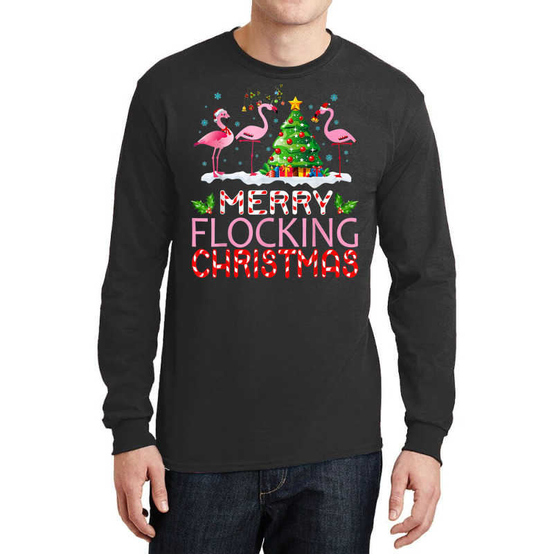 Flamingo Santa Hats Dancing On Snow Merry Flocking Christmas T Shirt Long Sleeve Shirts | Artistshot