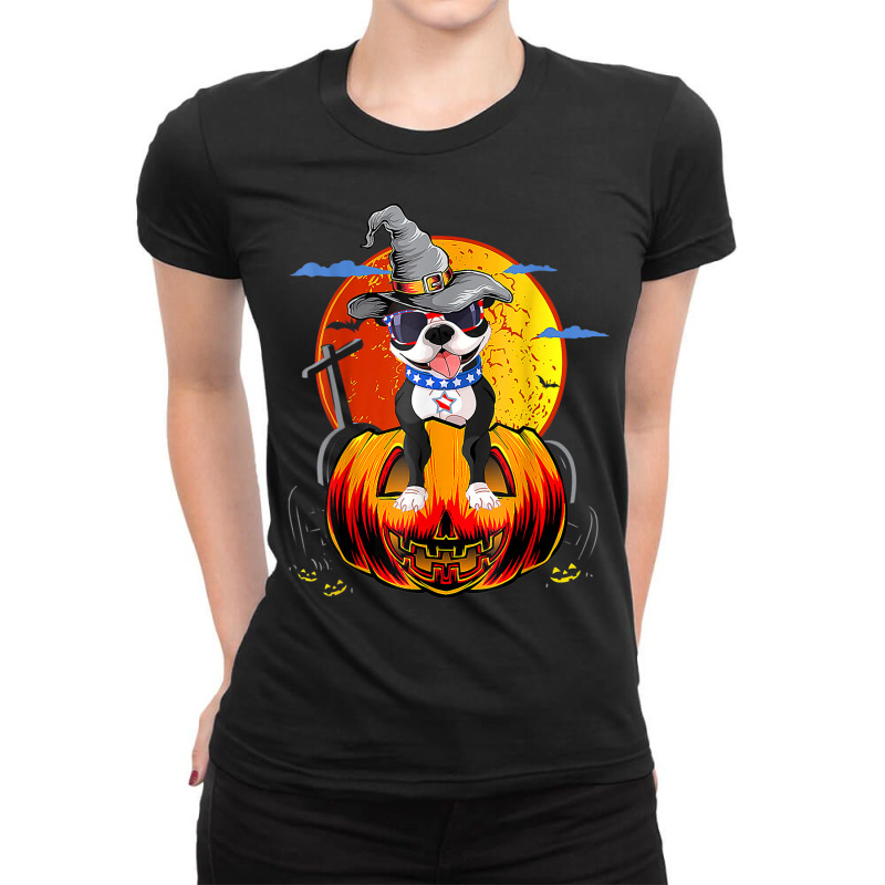 Boston Terrier Dogs Halloweens Ladies Fitted T-Shirt by Clinical | Artistshot