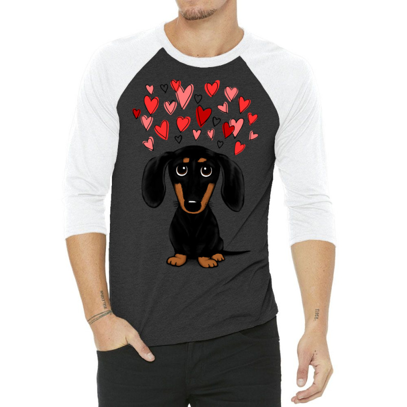 Dachshund Dog Black And Tan Dachshund With Valentine Hearts Cute Carto 3/4 Sleeve Shirt by coolquirrell | Artistshot