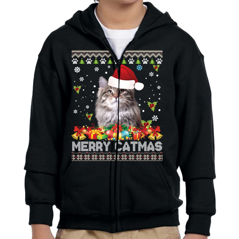 Merry Catmas Siberian Cat Ugly Sweater Christmas Santa Claus Long Slee Youth Zipper Hoodie by hudizhowav | Artistshot