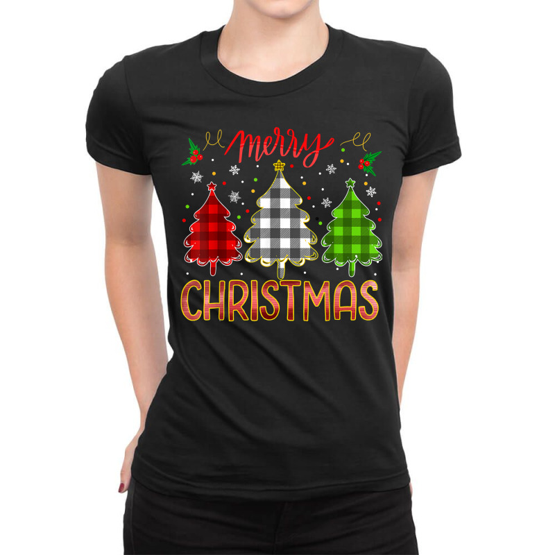 Merry Christmas Buffalo Plaid Tree Lights Pajama Matching T Shirt Ladies Fitted T-Shirt by goveteman | Artistshot