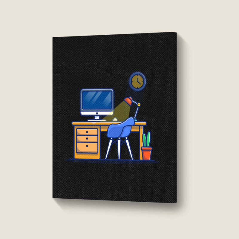 Workspace Computer With Lamp And Plant Portrait Canvas Print | Artistshot