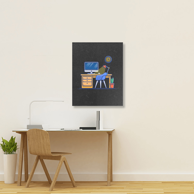 Workspace Computer With Lamp And Plant Portrait Canvas Print | Artistshot