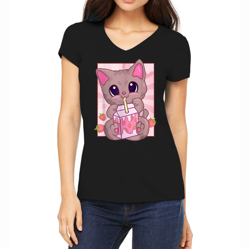 Strawberry Milkshake Cat For Women Girls, Kawaii Maneki Neko T Shirt Women's V-Neck T-Shirt by cm-arts | Artistshot