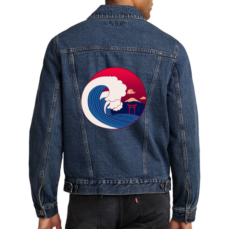 Japanese Wave Off Mt Fuji With Shinto Torii Gate Vector Graphic Men Denim Jacket | Artistshot