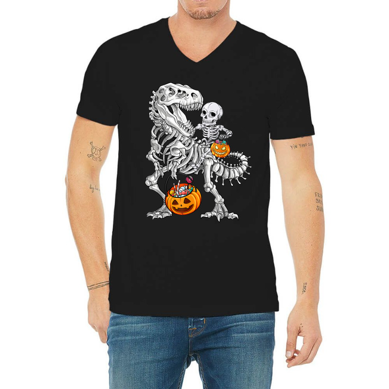 Skeleton Dinosaur T Rex Boys Halloween Mummy Funny Pumpkin V-neck Tee | Artistshot