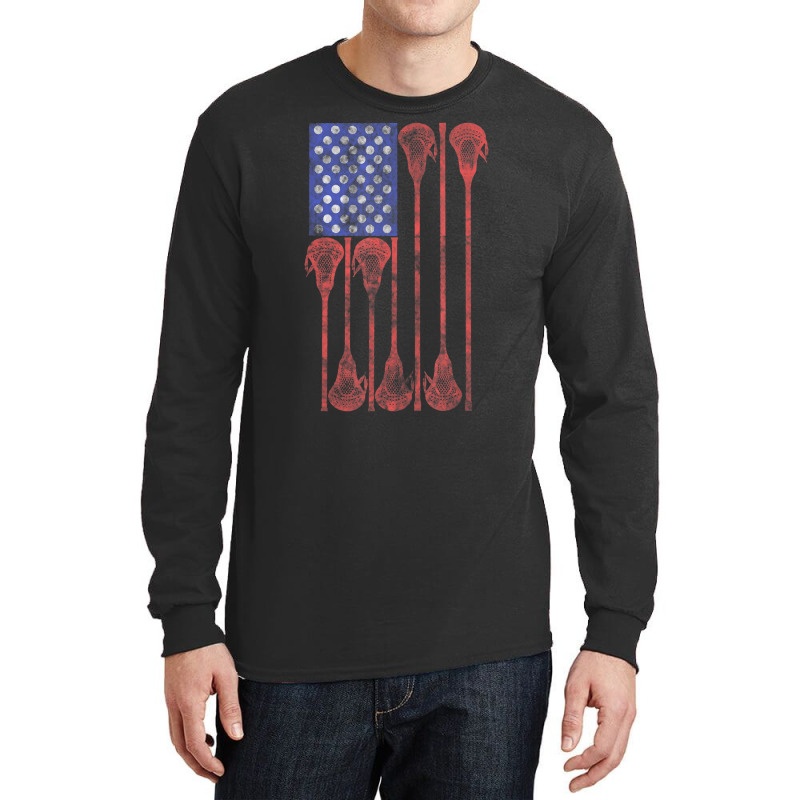 Lacrosse Stick Lax American Flag Long Sleeve Shirts by cm-arts | Artistshot