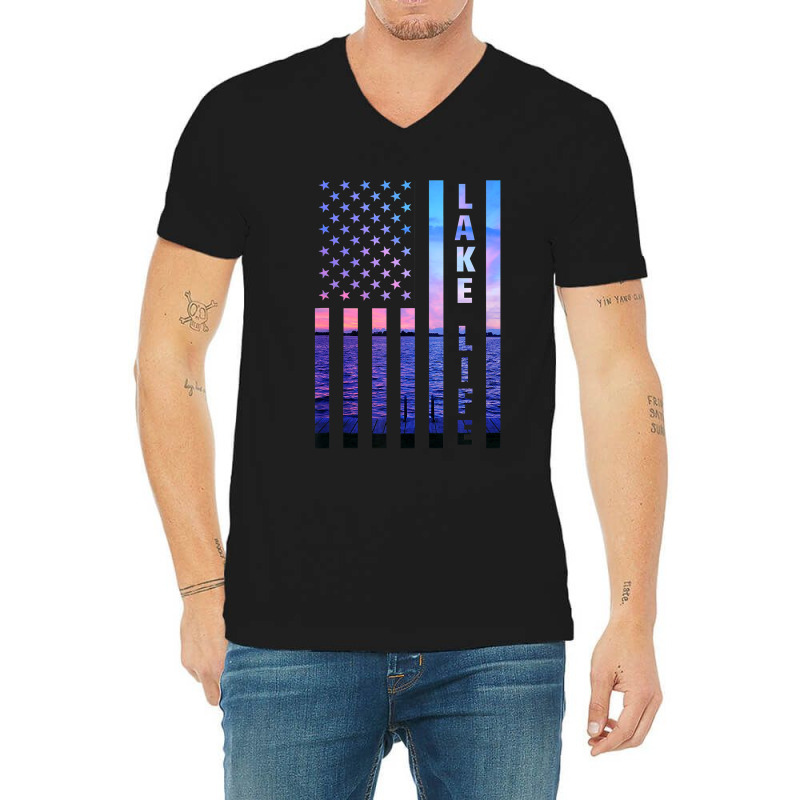 Lake Life American Flag Dock Sunset Wakeboarder Power Boat V-neck Tee | Artistshot