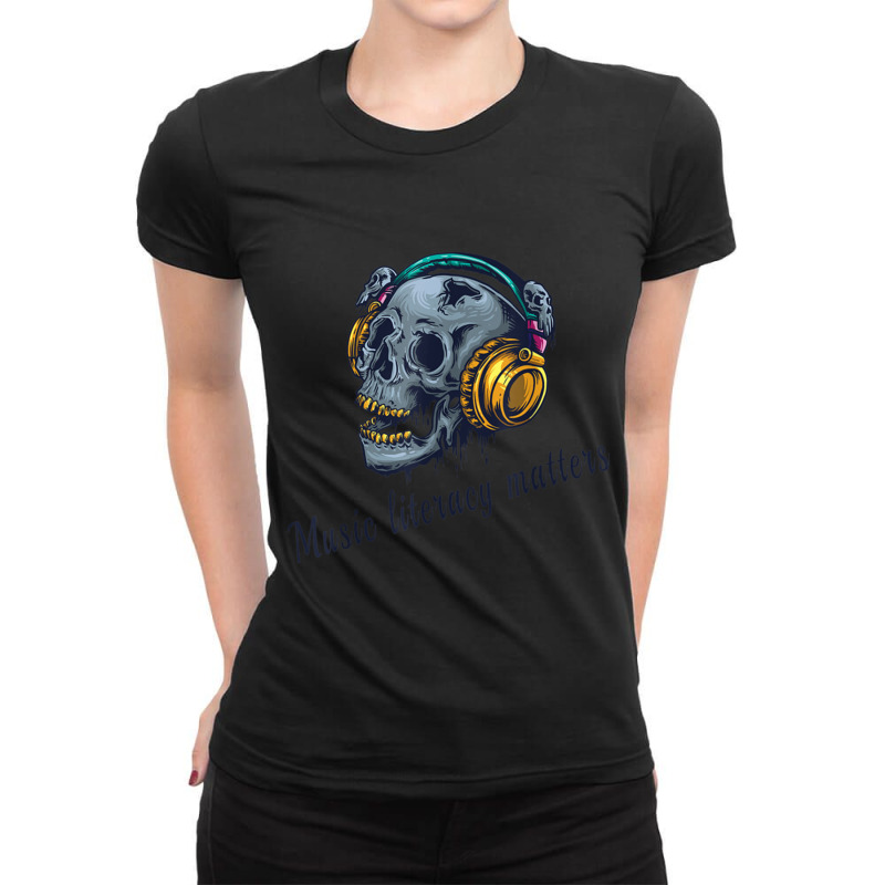 Music Literacy Matters Halloween Skull Dj Vintage Techno Edm Ladies Fitted T-Shirt by cm-arts | Artistshot