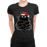 Santa Black Cat Tangled Up In Christmas Tree Lights Holiday Ladies Fitted T-shirt | Artistshot