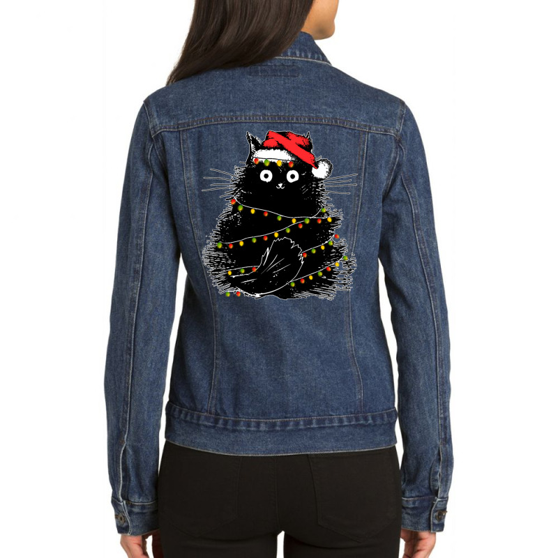 Santa Black Cat Tangled Up In Christmas Tree Lights Holiday Ladies Denim Jacket by cm-arts | Artistshot