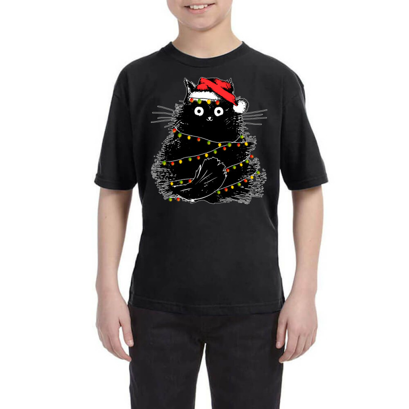 Santa Black Cat Tangled Up In Christmas Tree Lights Holiday Youth Tee by cm-arts | Artistshot