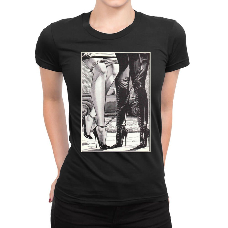 Hot Lesbian Rope Bondage Lovers Lesbian High Heel Dominatrix Pullover Ladies Fitted T-Shirt by cm-arts | Artistshot