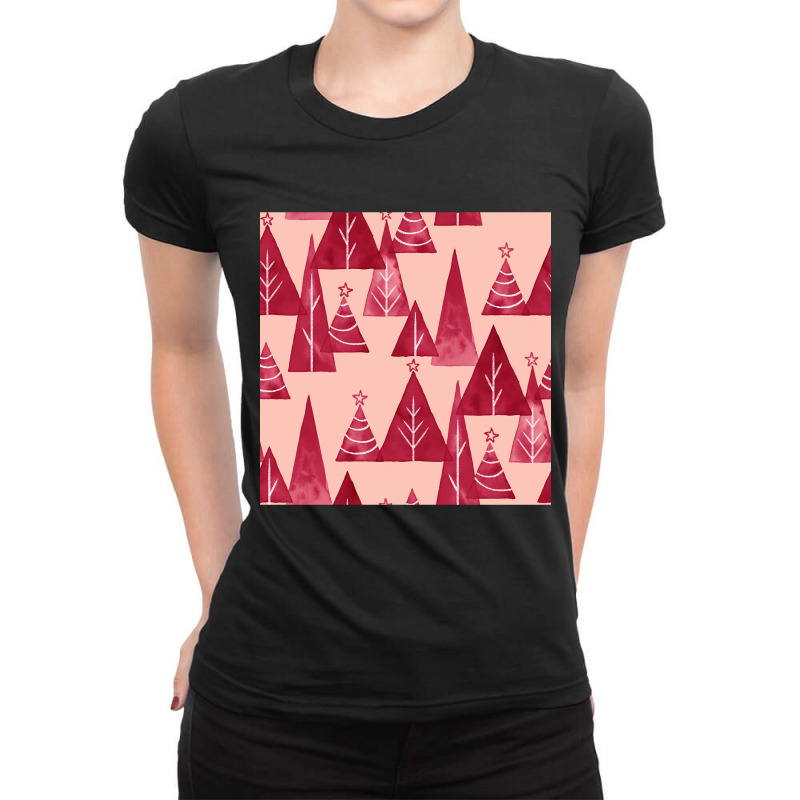 Blush And Red Watercolor Christmas Trees Ladies Fitted T-Shirt by Oreilly Ulrich | Artistshot