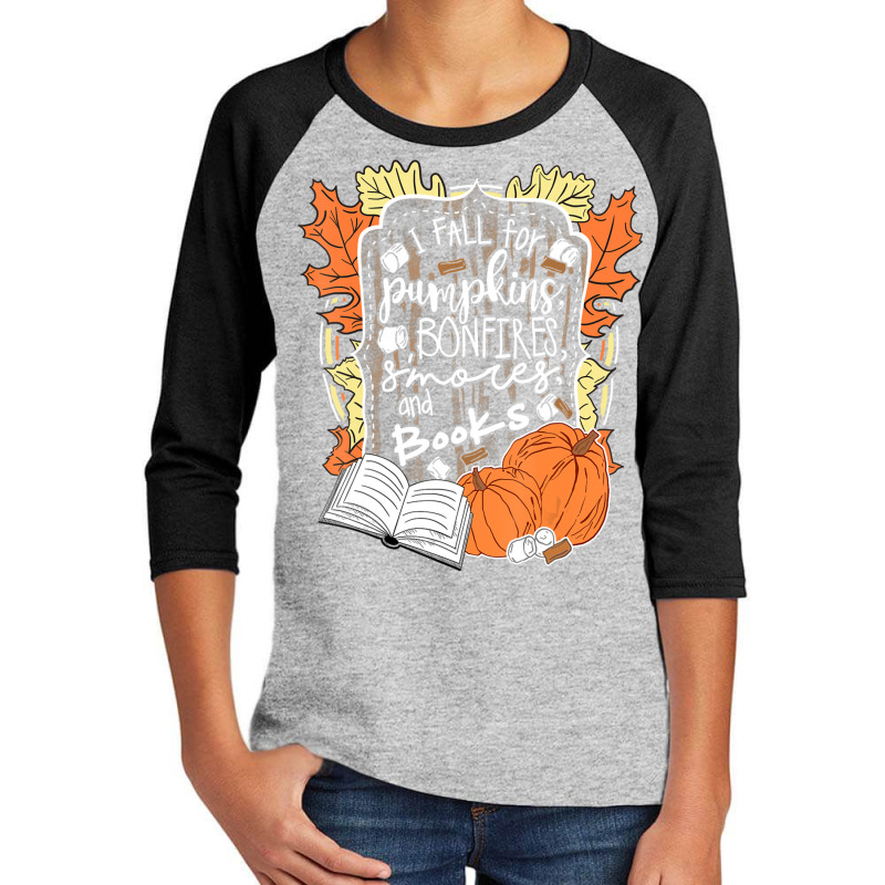 I Fall For Pumpkins Bonfires S'mores Books Halloween Reader Youth 3/4 Sleeve by cm-arts | Artistshot