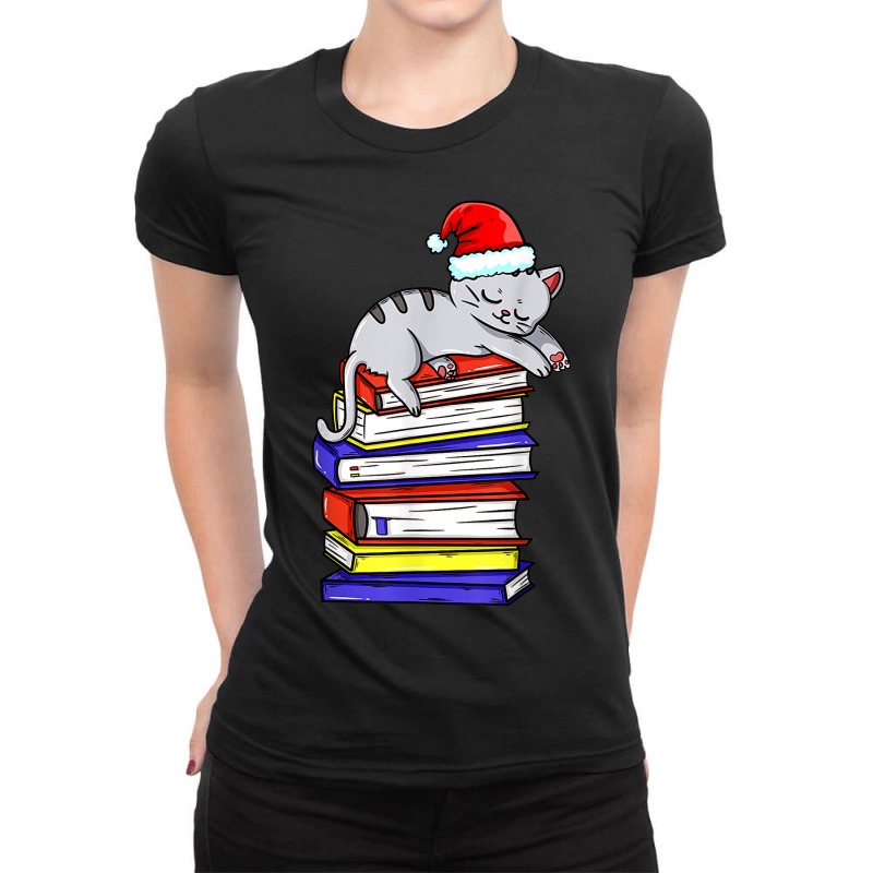 Cat Reading Book Cat Christmas Book Santa Hat Ladies Fitted T-Shirt by Posh | Artistshot