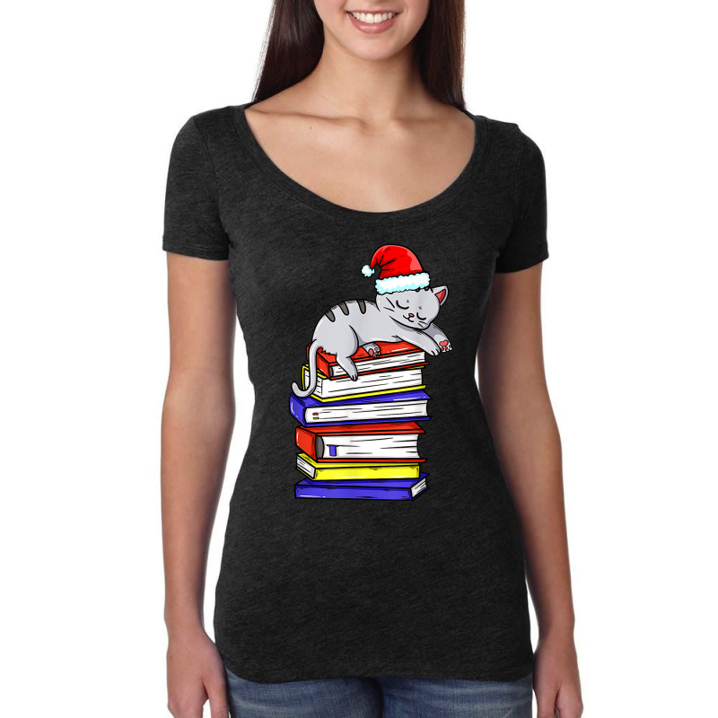 Cat Reading Book Cat Christmas Book Santa Hat Women's Triblend Scoop T-shirt by Posh | Artistshot