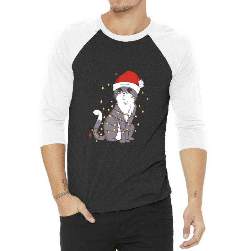 Cat Christmas Hat Christmas Lights Cute Cat Christmas 3/4 Sleeve Shirt | Artistshot