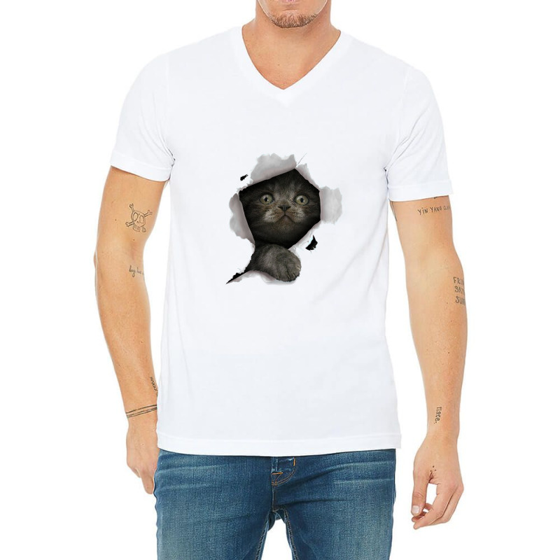 Cat Shirt, Gray Cat Tshirt, Cat Torn Cloth Shirt, Kitten V-neck Tee | Artistshot