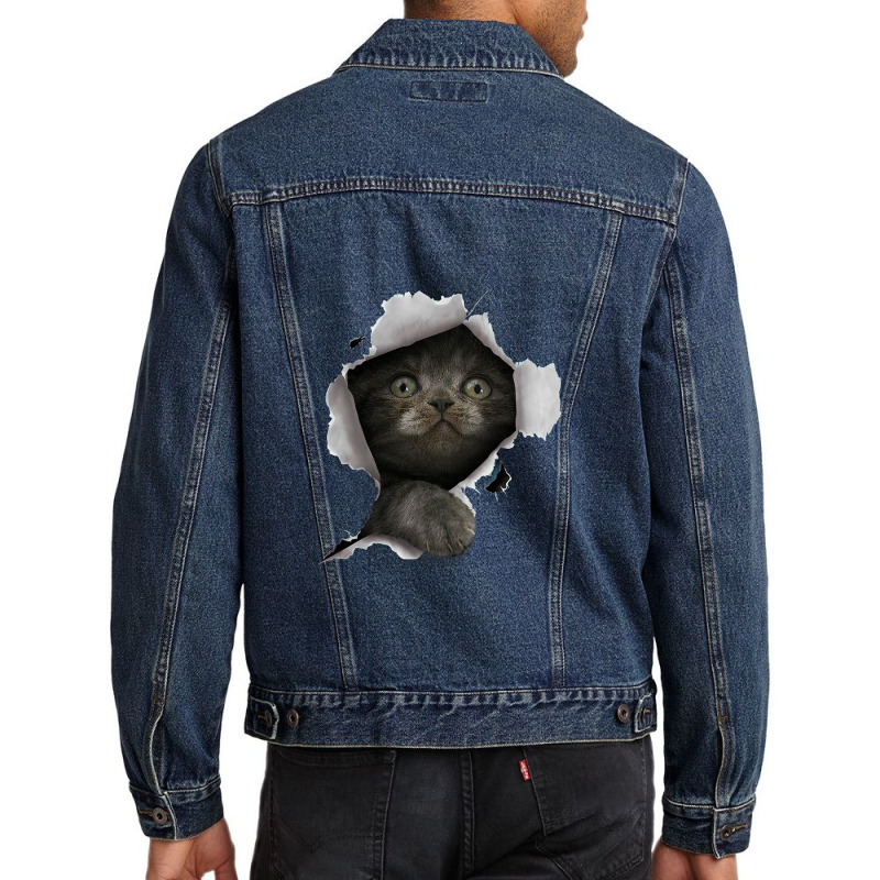 Cat Shirt, Gray Cat Tshirt, Cat Torn Cloth Shirt, Kitten Men Denim Jacket | Artistshot