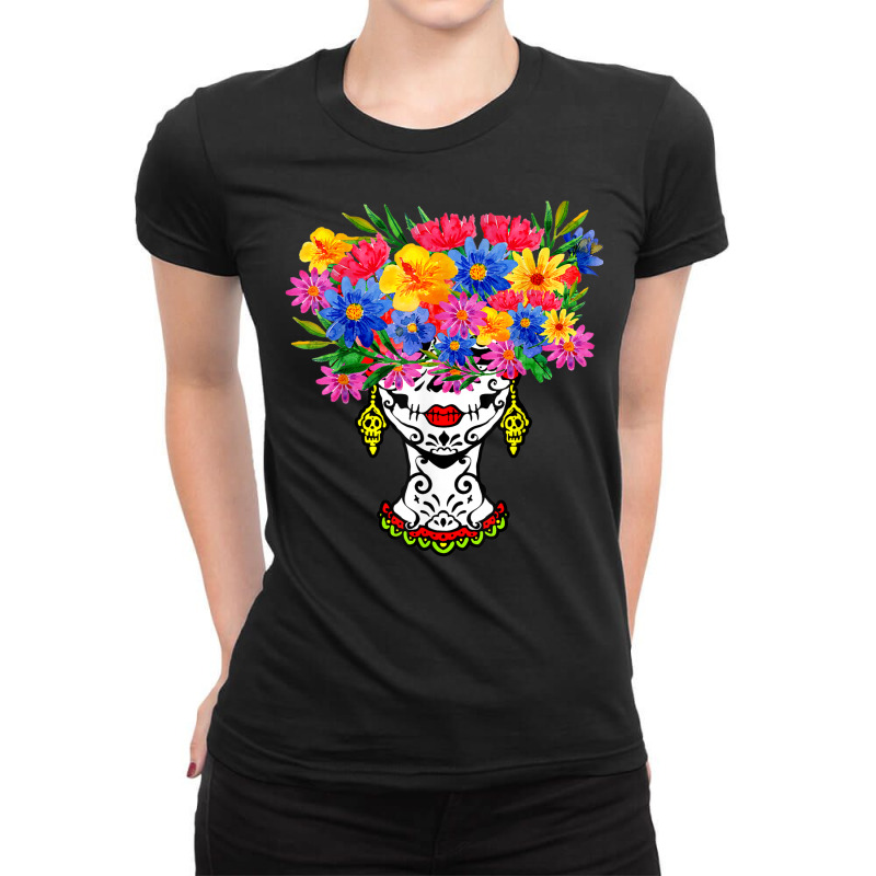 Catrina Sugar Skull Calavera Mexican With Flowers Halloween Ladies Fitted T-Shirt by August | Artistshot