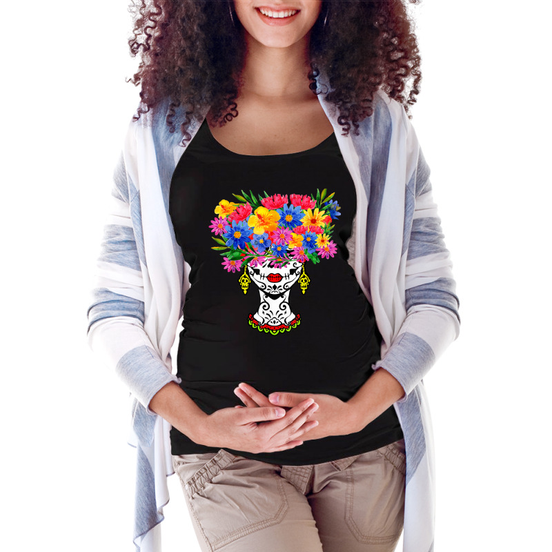 Catrina Sugar Skull Calavera Mexican With Flowers Halloween Maternity Scoop Neck T-shirt by August | Artistshot