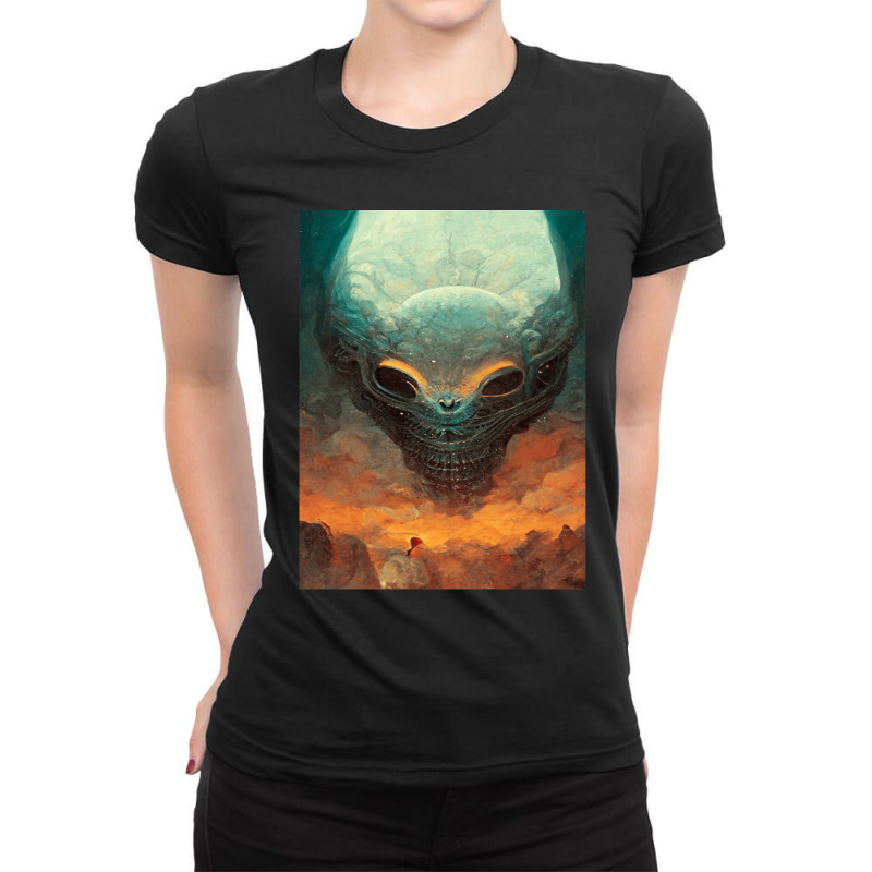 Huge Alien Head Arriving In The Earth One Ladies Fitted T-Shirt by HunterWare | Artistshot