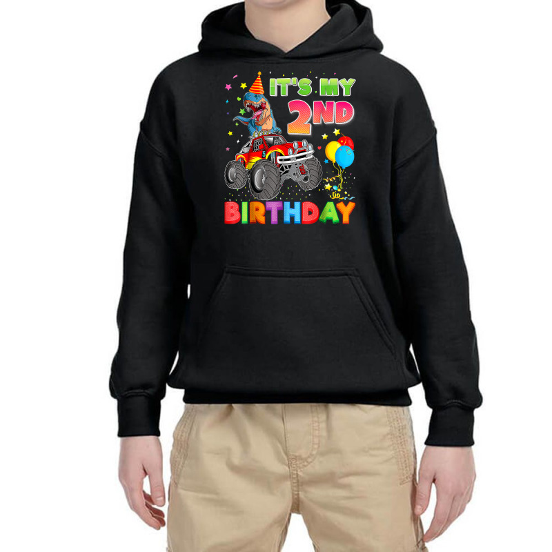 It's My 2nd Birthday 2 Year Old Dinosaur Monster Car Truck Youth Hoodie | Artistshot