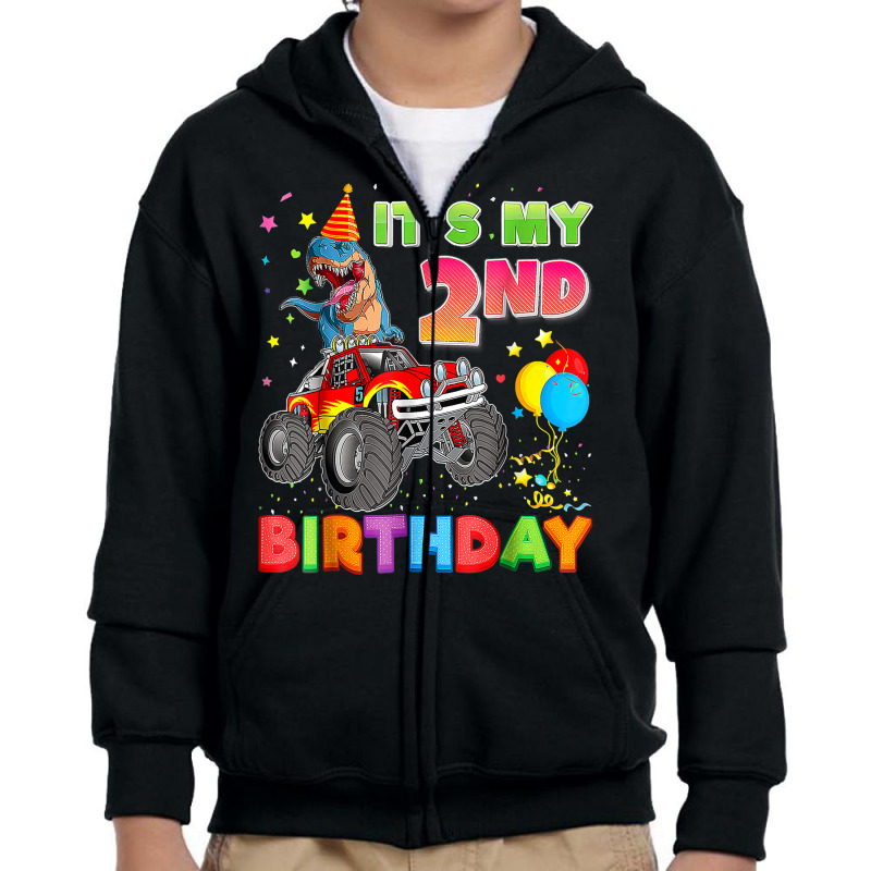 It's My 2nd Birthday 2 Year Old Dinosaur Monster Car Truck Youth Zipper Hoodie | Artistshot