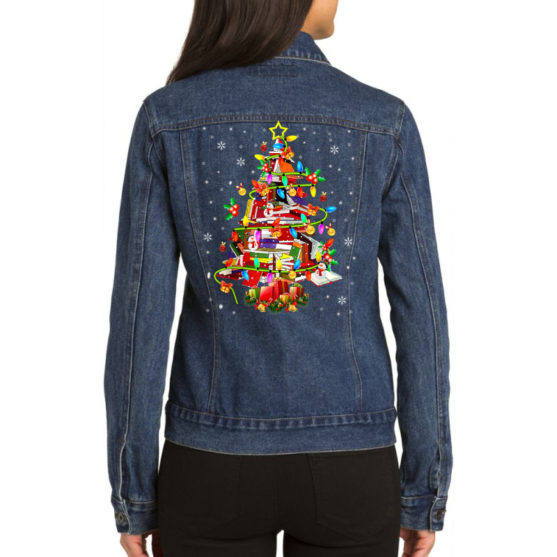 Christmas Library Tree Lights Librarian Xmas Book Lover Ladies Denim Jacket by Color | Artistshot