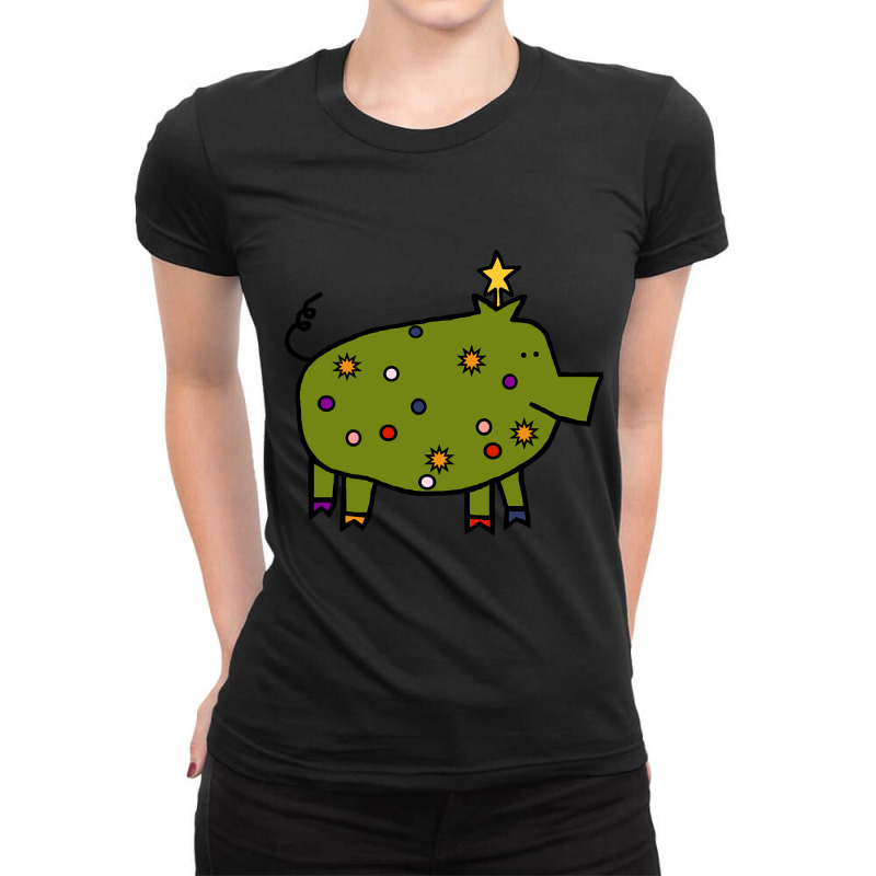 Funny Christmas Tree Pig Ladies Fitted T-Shirt by Mello Greenwood | Artistshot