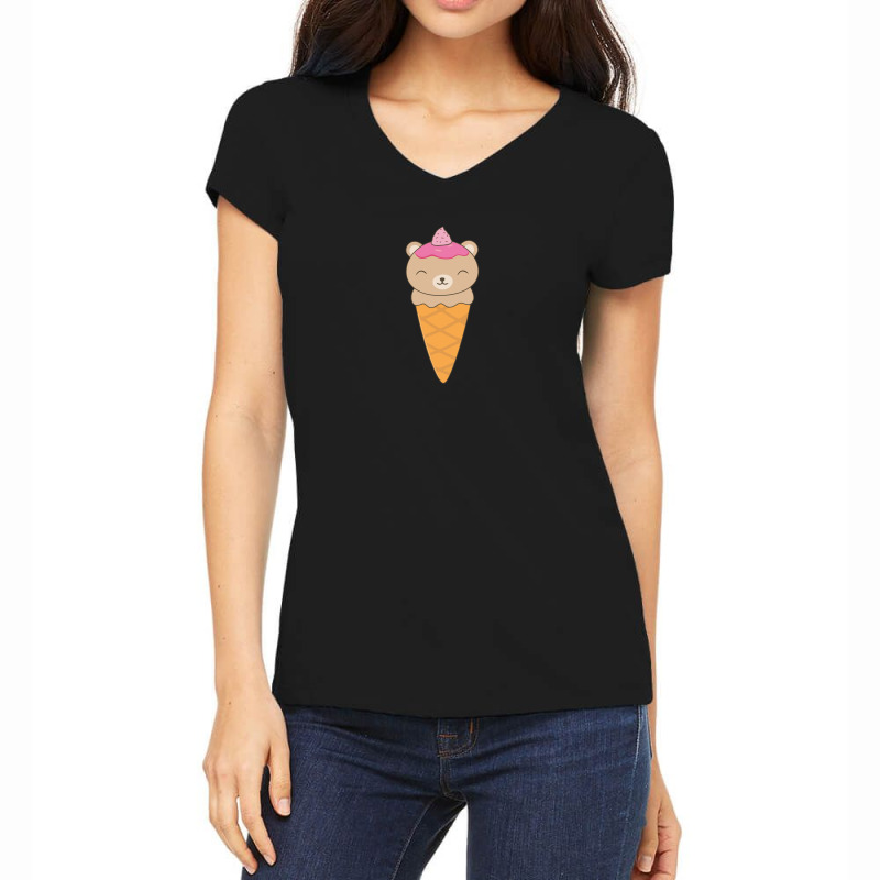 Custom Tasty Brown Bear Ice Cream Cone Women's V-neck T-shirt By