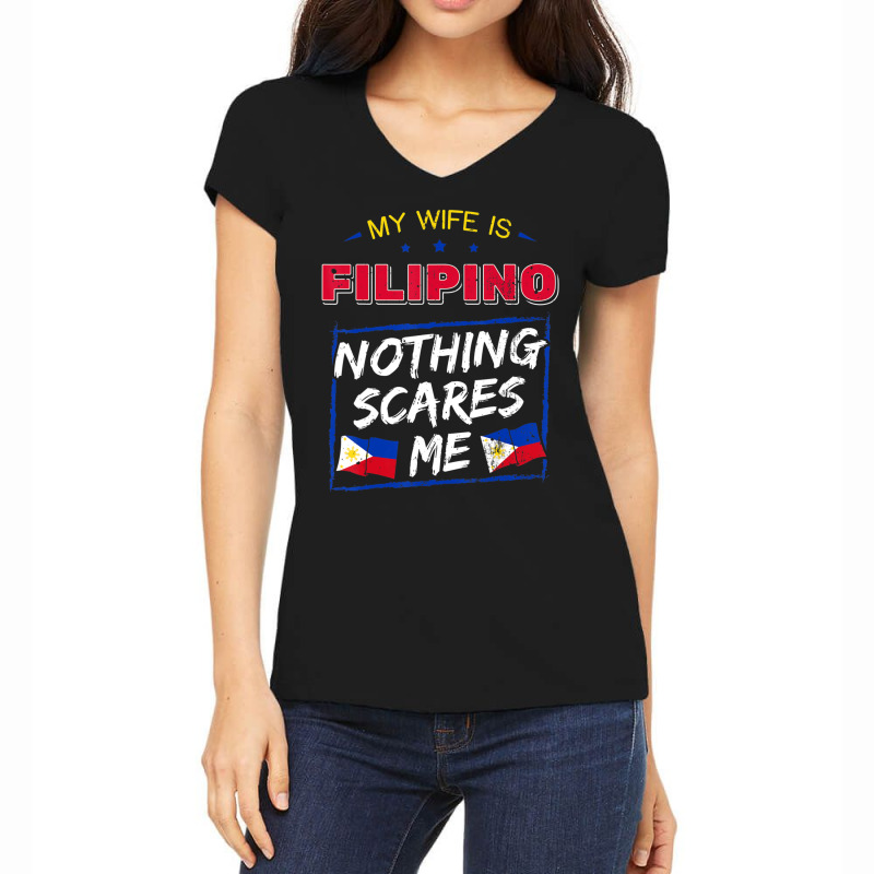 My Wife Is Filipino Republic Of The Philippines Roots Flag Women's V-Neck T-Shirt by cm-arts | Artistshot