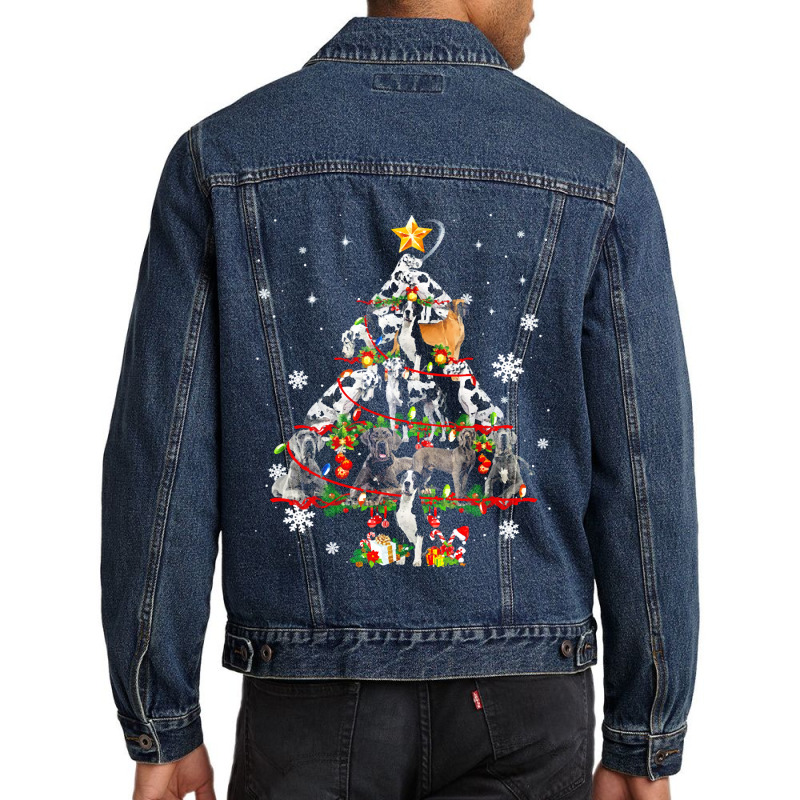 Funny Great Dane Christmas Dog Tree Lights Pajamas Funny Men Denim Jacket | Artistshot