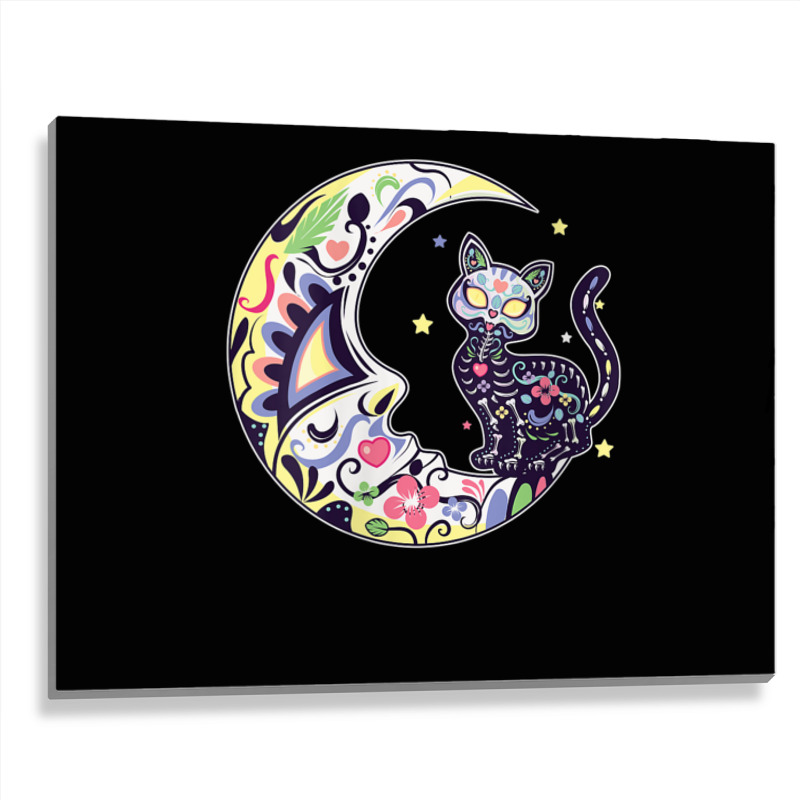 Womens Cat And Moon Sugar Skull Dia De Los Muertos Day Of The Dead V N Metal Print Horizontal | Artistshot