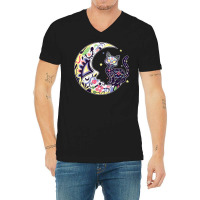 Womens Cat And Moon Sugar Skull Dia De Los Muertos Day Of The Dead V N V-neck Tee | Artistshot