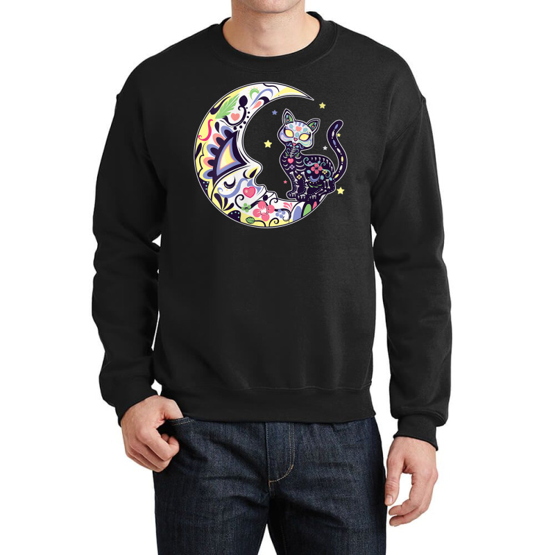 Womens Cat And Moon Sugar Skull Dia De Los Muertos Day Of The Dead V N Crewneck Sweatshirt | Artistshot