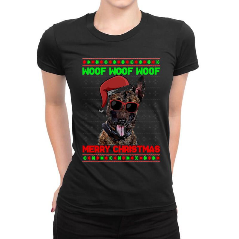 Belgian Malinoi Christmas Dog Belgian Malinoi Dog Funny Woof Merry Chr Ladies Fitted T-Shirt by netheriteshepherd | Artistshot