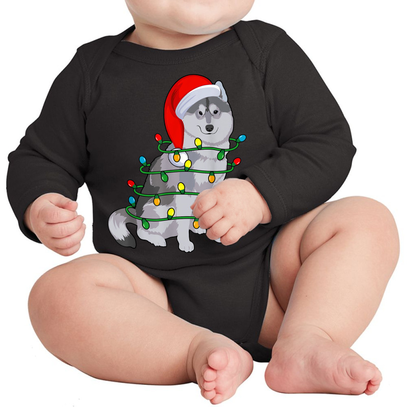 Siberian Husky Santa Christmas Tree Lights Xmas Gifts Boys Long Sleeve Baby Bodysuit by Prismatic | Artistshot