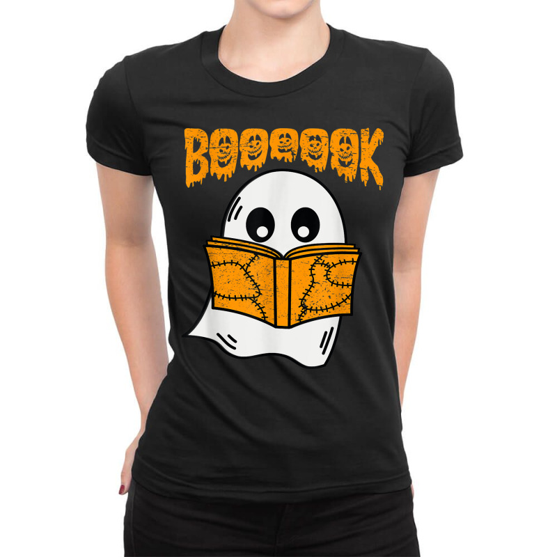 Retro Cute Ghost Reading A Book Teacher School Funny Ladies Fitted T-Shirt by Posh | Artistshot