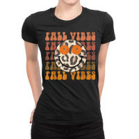 Fall Vibes Leopard Smile Face Retro Pumpkin Thanksgiving Ladies Fitted T-shirt | Artistshot