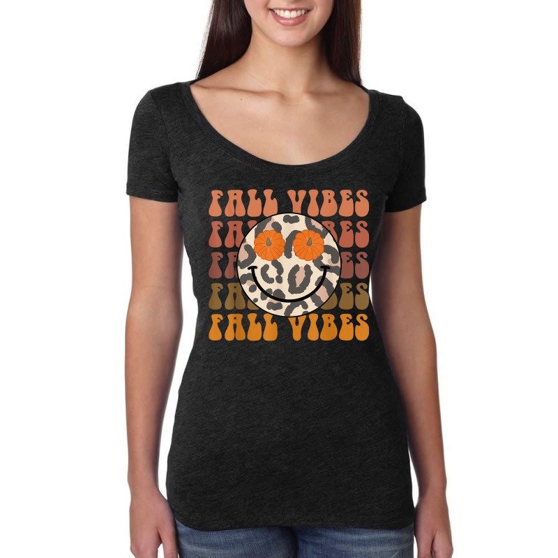 Fall Vibes Leopard Smile Face Retro Pumpkin Thanksgiving Women's Triblend Scoop T-shirt by Queens | Artistshot