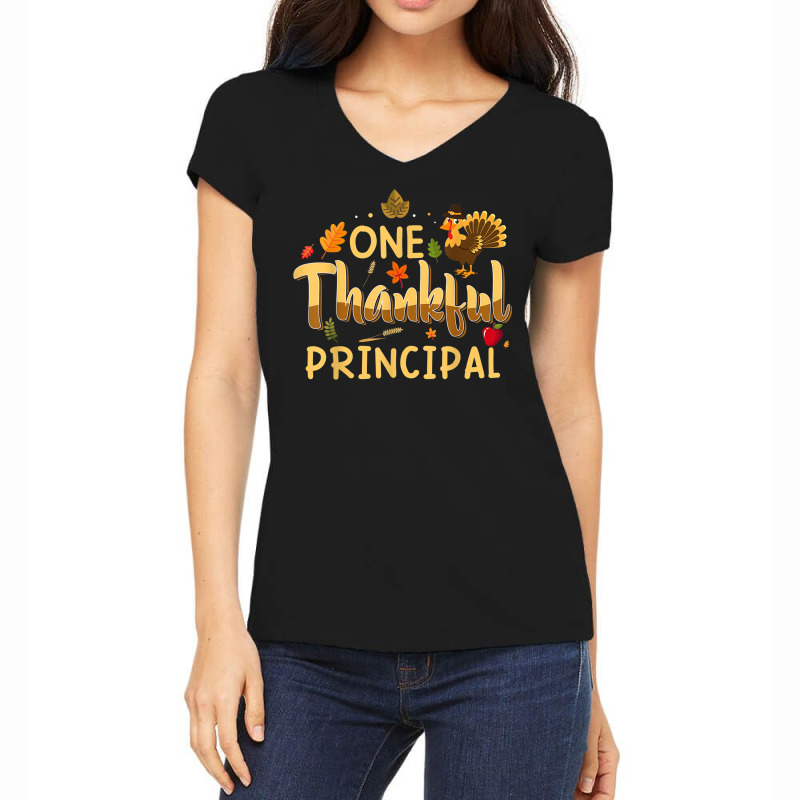 One Thankful Principal Fall Autumn Pumpkin Thanksgiving Women's V-Neck T-Shirt by Clinical | Artistshot