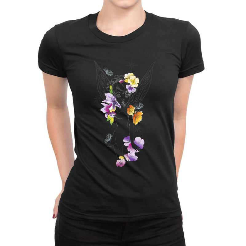 Peter Pan Tinker Bell Outline Floral Sketch Portrait Ladies Fitted T-Shirt by althubich | Artistshot