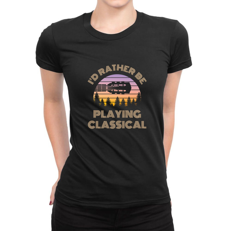 I'd Rather Be Playing Guitar Classical Guitar Headstock Vintage Sunset Ladies Fitted T-Shirt by DavidJones | Artistshot