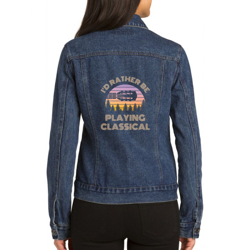 I'd Rather Be Playing Guitar Classical Guitar Headstock Vintage Sunset Ladies Denim Jacket by DavidJones | Artistshot