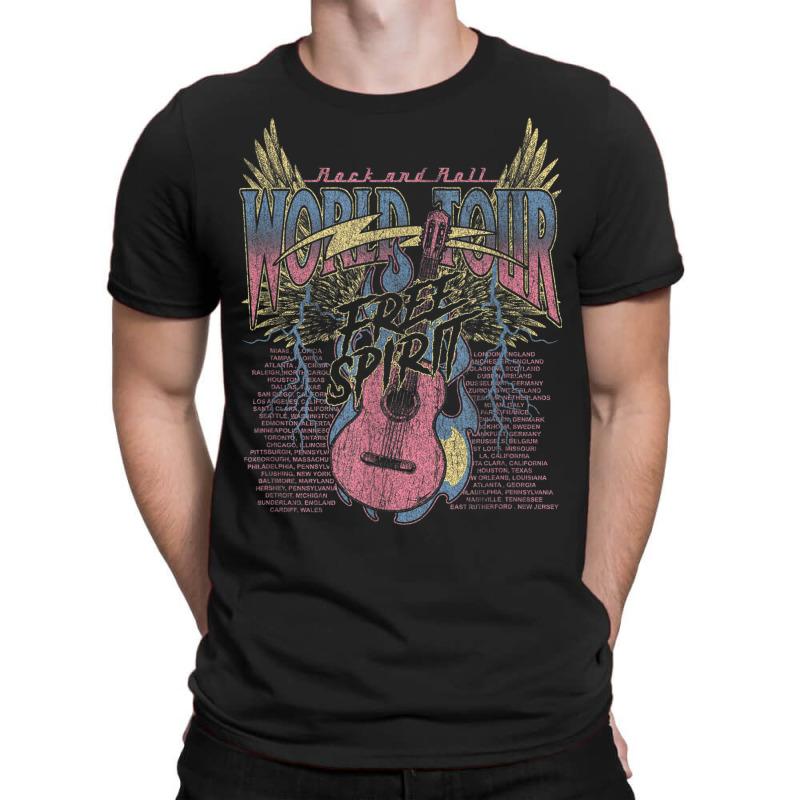 Rock & Roll Free Spirit World Tour Guitar Fire Wings Thunder T-Shirt by Queens | Artistshot