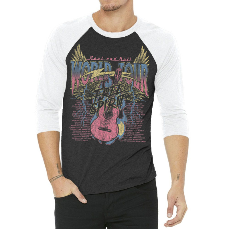 Rock & Roll Free Spirit World Tour Guitar Fire Wings Thunder 3/4 Sleeve Shirt by Queens | Artistshot